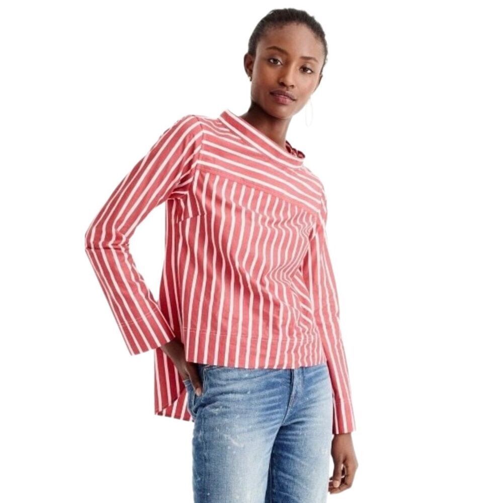 J. Crew Red and White Striped Funnelneck Top Sz 8
